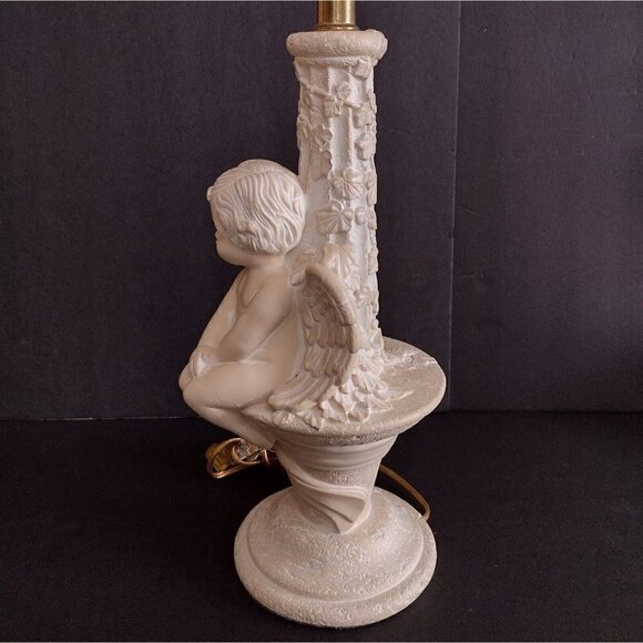 Vtg Underwriters Laboratories Portable Table Lamp Cream Cherub Sitting Plaster? - Picture 9 of 14